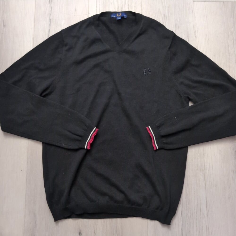 FRED PERRY Pullover Mens Size 96CM 38 V-Neck Black Fred Perry Mens Long Sleeve